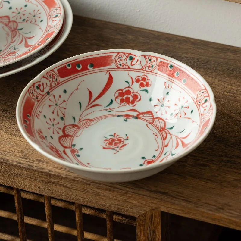 Japanese-Style Mino-yaki Red-Painted Floral Bowl & Plate Set, Rice Bowl, Deep Veggie Plate, Solo Soup Bowl