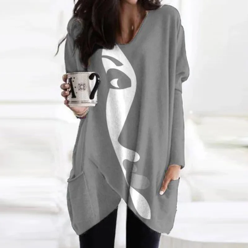 

Women T-shirts Abstract Face Print Loose Shirt Autumn Long Sleeve Pocket Casual Pullover Elegant Tops Female Harajuku Shirts
