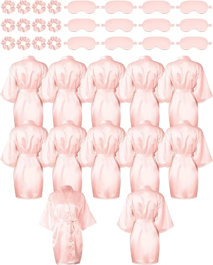 

12 Pack Satin Women Robes Kimono Robe Bulk with Sleeping Mask and Hair Tie Sets Silky Bathrobes for Birthday Wedding Party