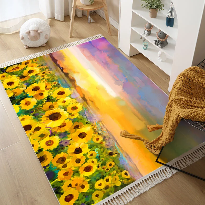 2024 Little Fresh Oil Painting Style Polyester Cotton Handwoven Tassel Carpet Bedroom Carpet Sofa Tea Table Carpet