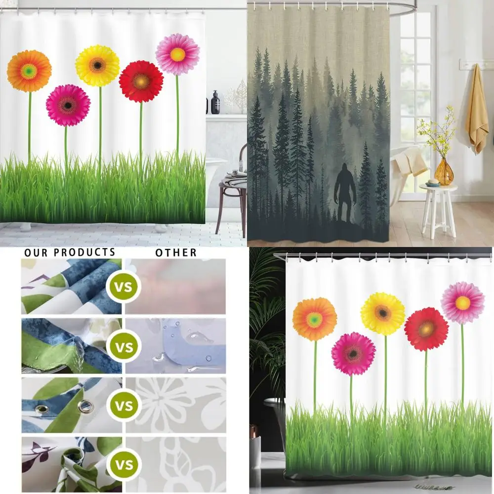 

colorful gerbera flowers shower curtain, horizontal spring blooms on grass, farmhouse style fabric