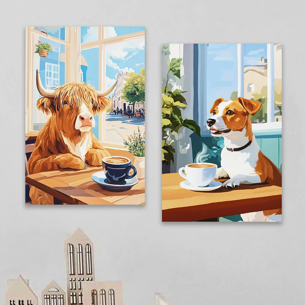 Yorkshire Terrier Drinking Coffee Poster Dog Lover Gift Cute Puppy Wall Art Cavalier King Charles Spaniel Coffee Art Print Decor