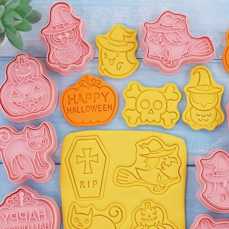 Halloween Cookies Cutters Plastic Pumpkin Cartoon Pressable Biscuit Mold Confectionery Fondant Cookie Stamp Baking Pastry Tools