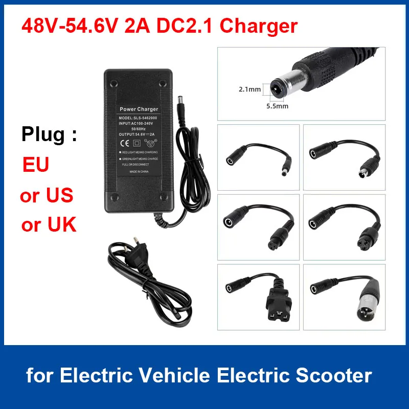 

48V-54.6V 2A DC2.1 Charger with 6PCS Adapter Cable EU/US/UK Plug for Electric Vehicle Electric Scooter Round Head Powe Chargers
