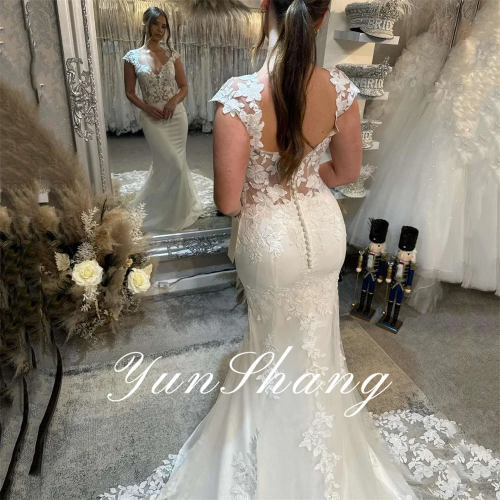 Yunshang Luxury Mermaid Wedding Dress Lace Sweetheart Cap Sleeve Open Back Bridal Gowns Court Train Vestido De Novia Customized