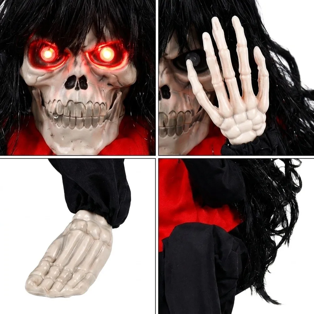 Halloween Scary Animatronic Decoration Electric Crying Prop With Glowing Red Eyes Long Hair Sound Activated Weeping For Haunted