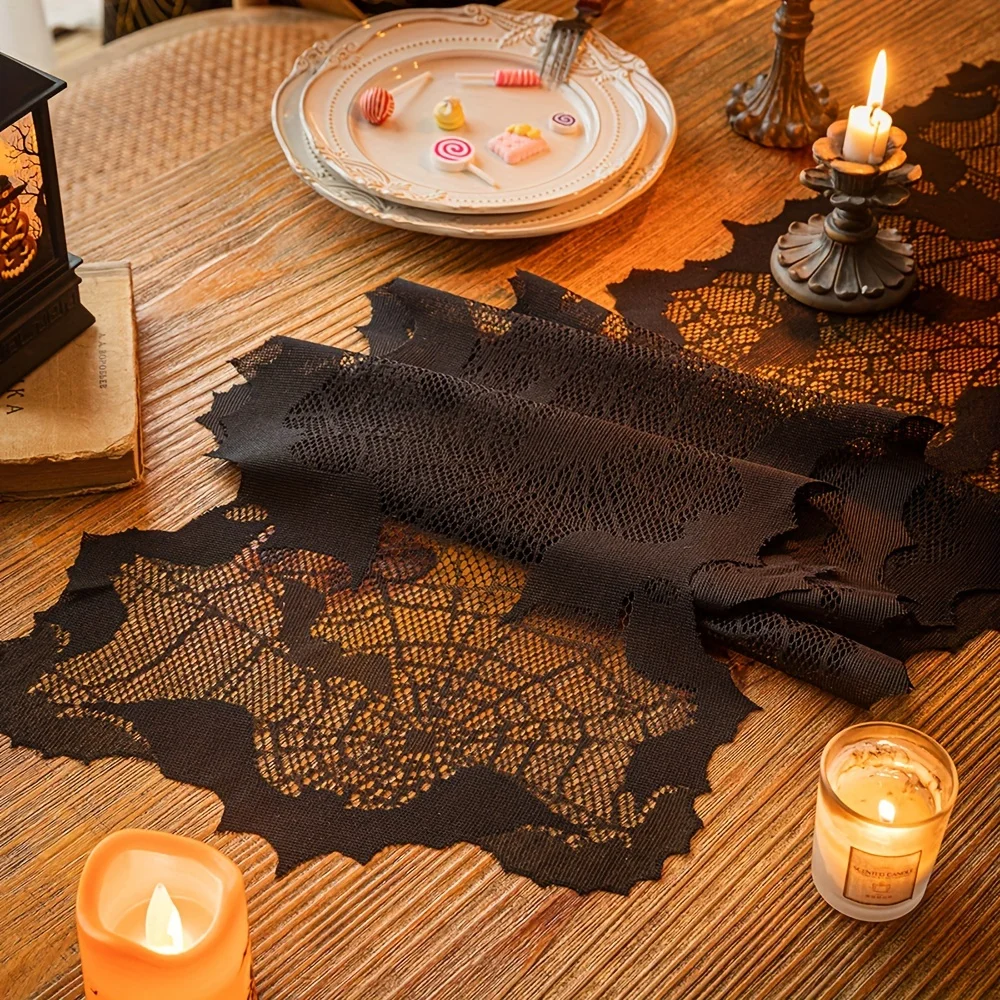 1pc, Halloween Spider Web And Bat Table Runner, Polyester, Spooky Night Party Decor, Black Lace Festive Home & Table Accent