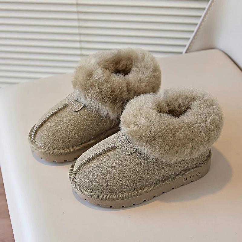 Pantoufles en fourrure de marque de luxe pour enfants, botte rétro à tête ronde, coton, bébé fille, garçon, hiver, peluche, chaussures chaudes pour la maison, non ald