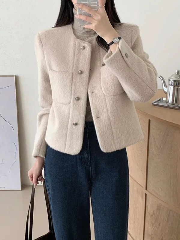 سترة كورية Sle Ele مستديرة Ne ort من الصوف Jaet بزر واحد مفتوح سترة أنيقة للنساء معطف شتوي أنيق #5