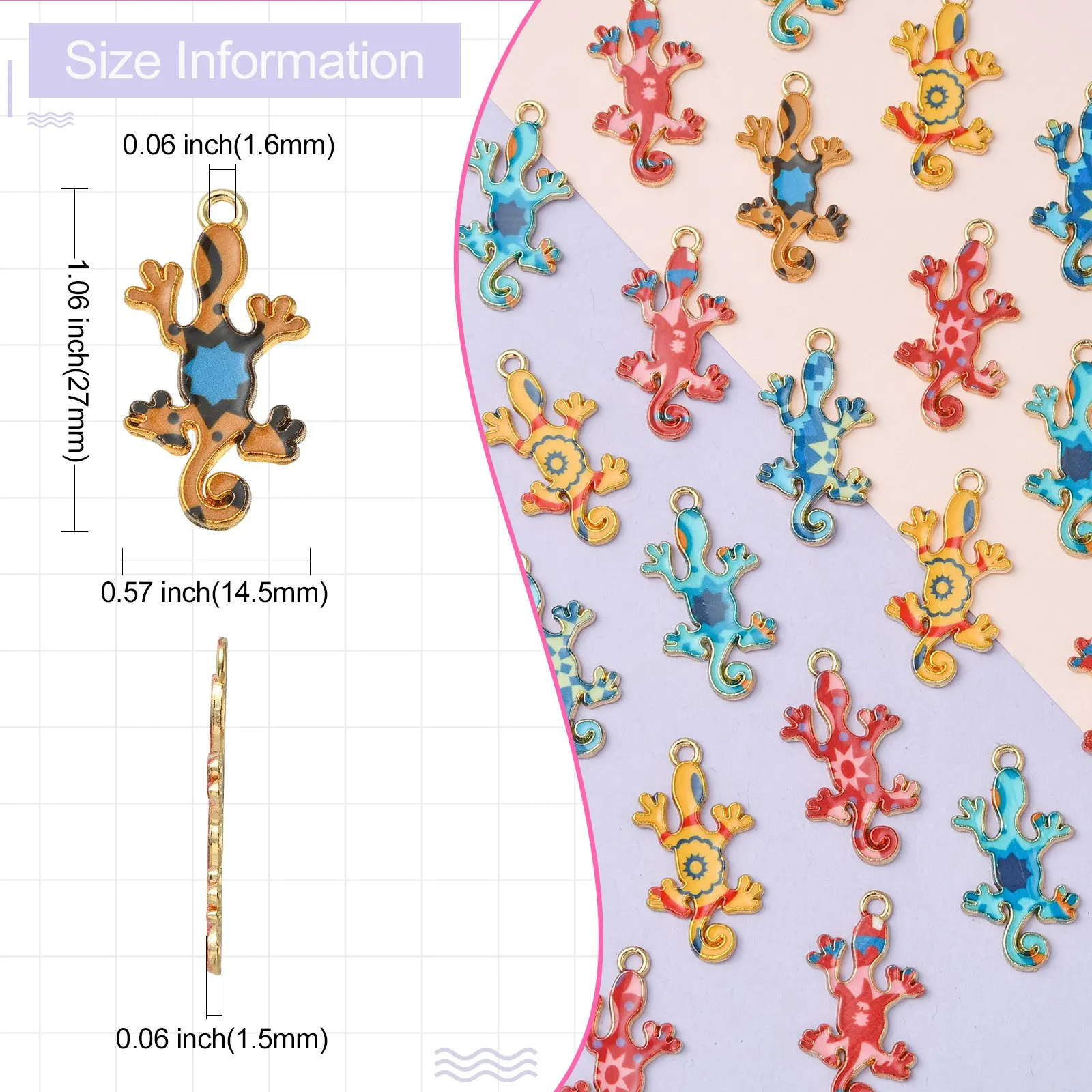 PandaHall 30Pcs 6 Styles Enamel Gecko Charms Colorful Gecko Lizard Charms Cute Animal Charms for DIY Jewelry Making and Crafting