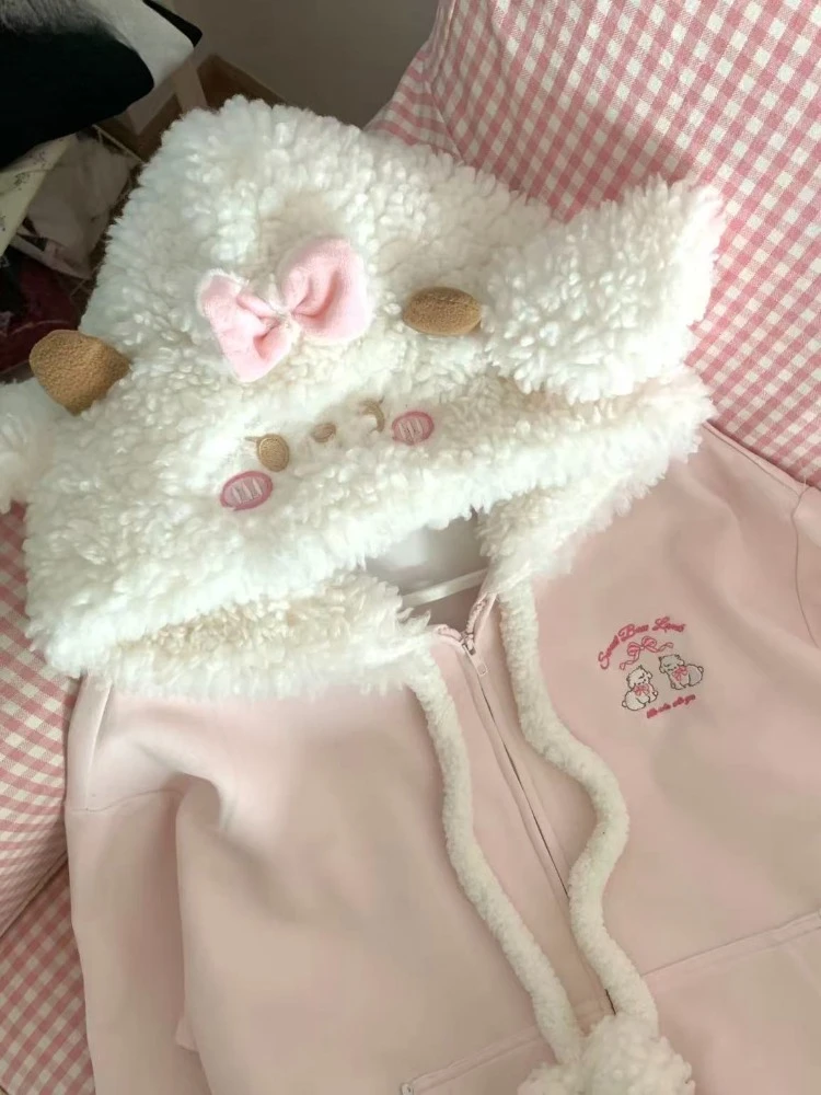 الخريف Kawaii الحلو طويلة الأكمام فضفاضة هوديس المرأة اليابانية لطيف سستة التطريز بلوزات عادية أنيقة الصلبة معطف جميل