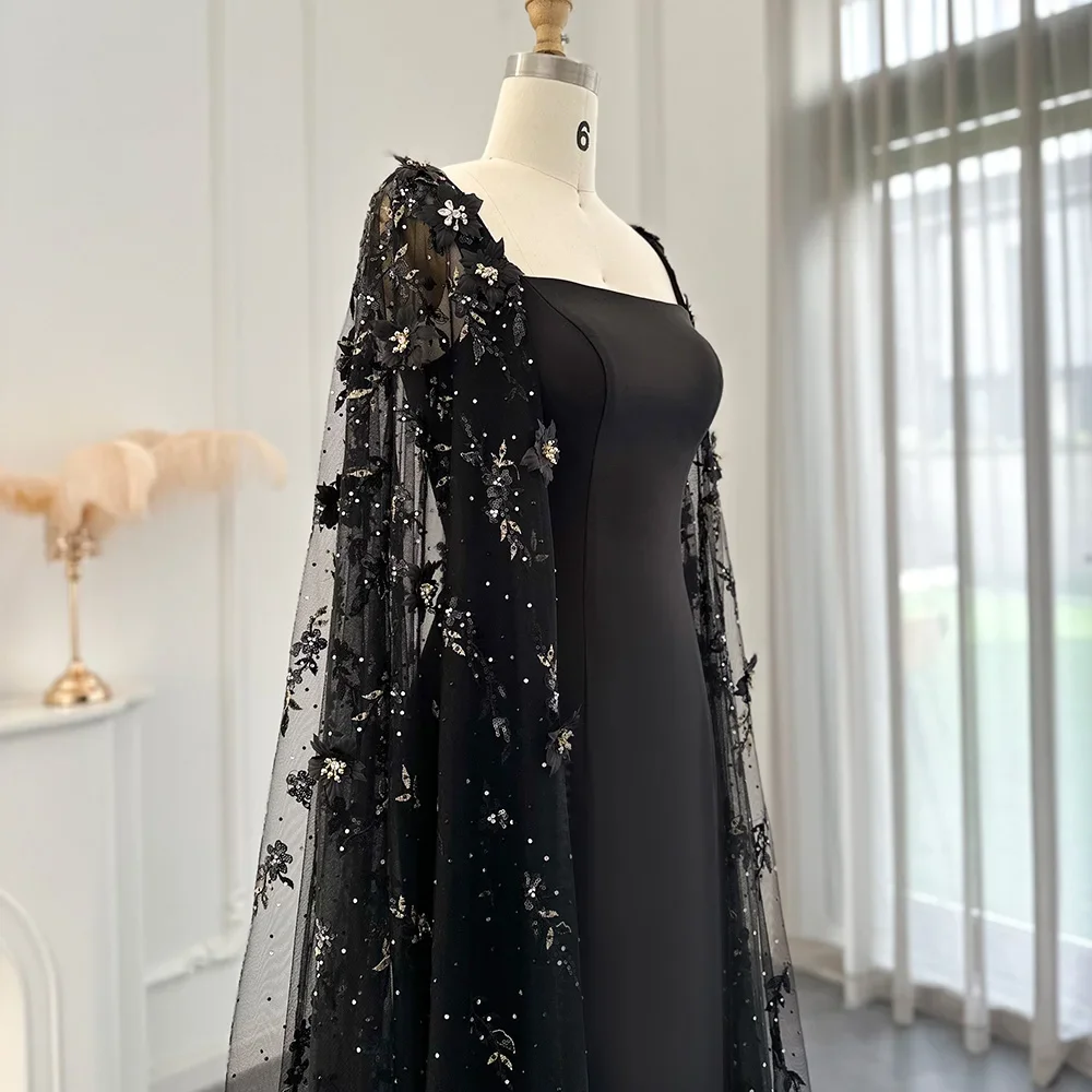 Luxury 3D Flowers Black Satin Evening Dress with Cape Sleeves Elegant Square Collar Sweep Train Women Formal Party Dresses