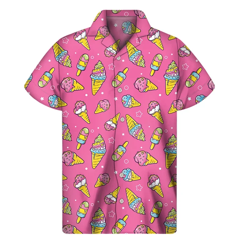 Camisa con solapa de calle para hombre y mujer, camisa hawaiana con estampado 3D de helado de dibujos animados, Top de manga corta de gran tamaño, verano 2024