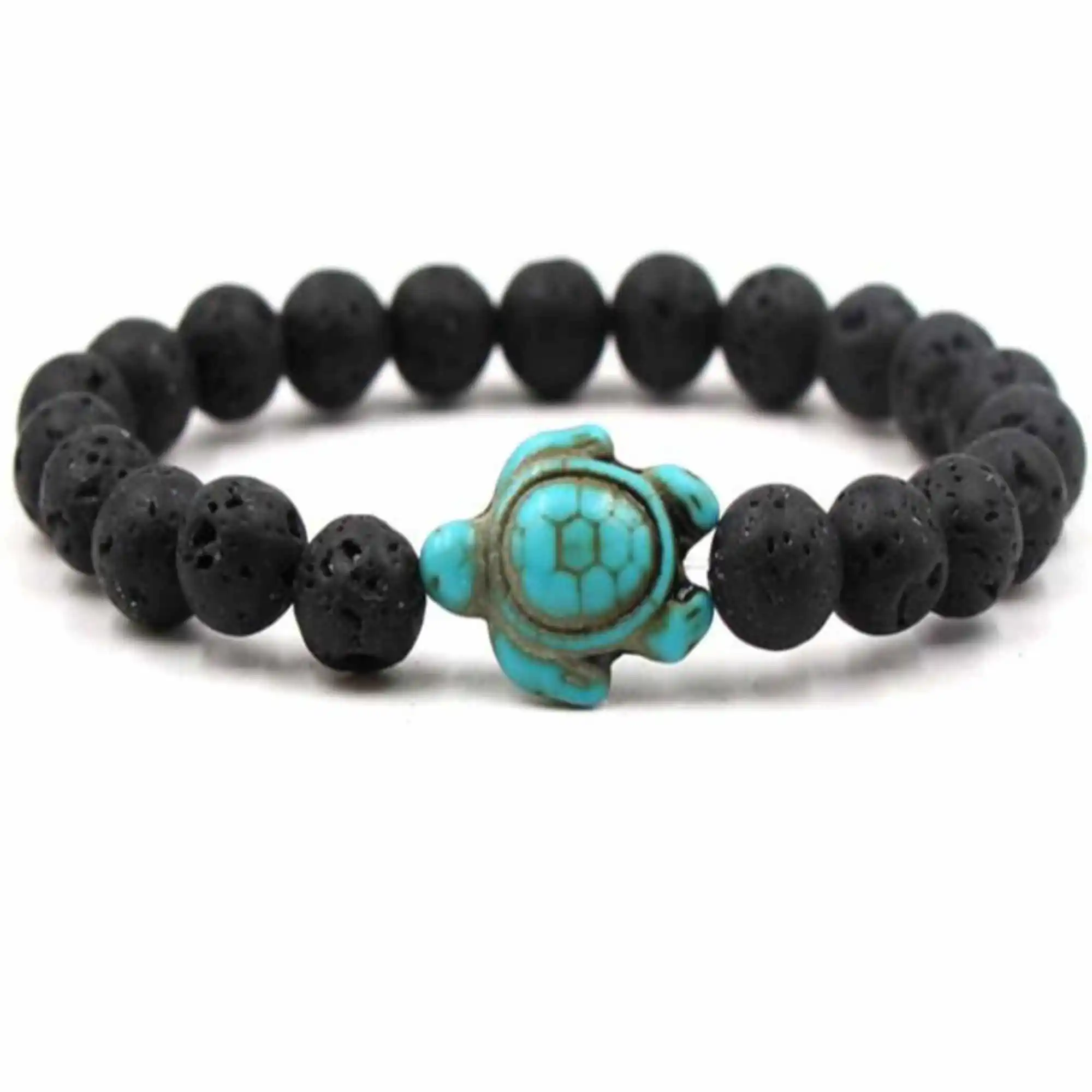 

8mm Natural black lava lava blue turtle turquoise bracelet Women Trendy Link Unique Gift Prayer