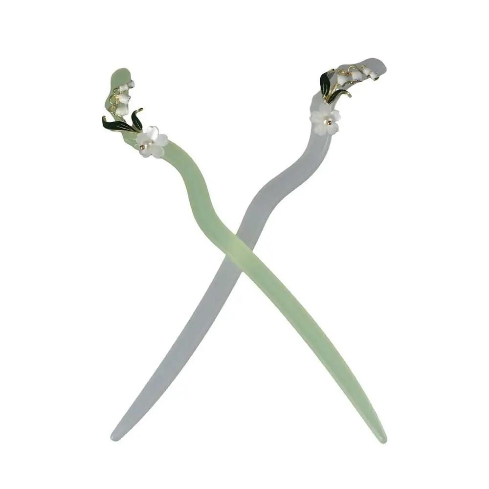 Minimalist Acetic Acid Hair Sticks for Buns Bellflower 18cm Hanfu Hair Fork White/Green Wavy Women Glaze Hair Fork Hanbok Show