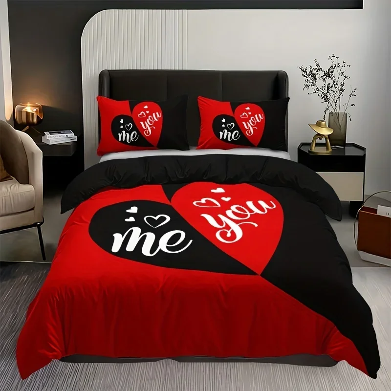 

3pcs Couple Bedding Set Black and Red Love Romantic Print Quilt Cover Set Christmas Valentine's Day Gift for Lover