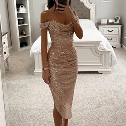 Sexy Asymmetrical Shinny Glitter Fold Long Dress Elegant Solid Winter Banquet Dress Women 2024 One Shoulder Bodycon Party Dress