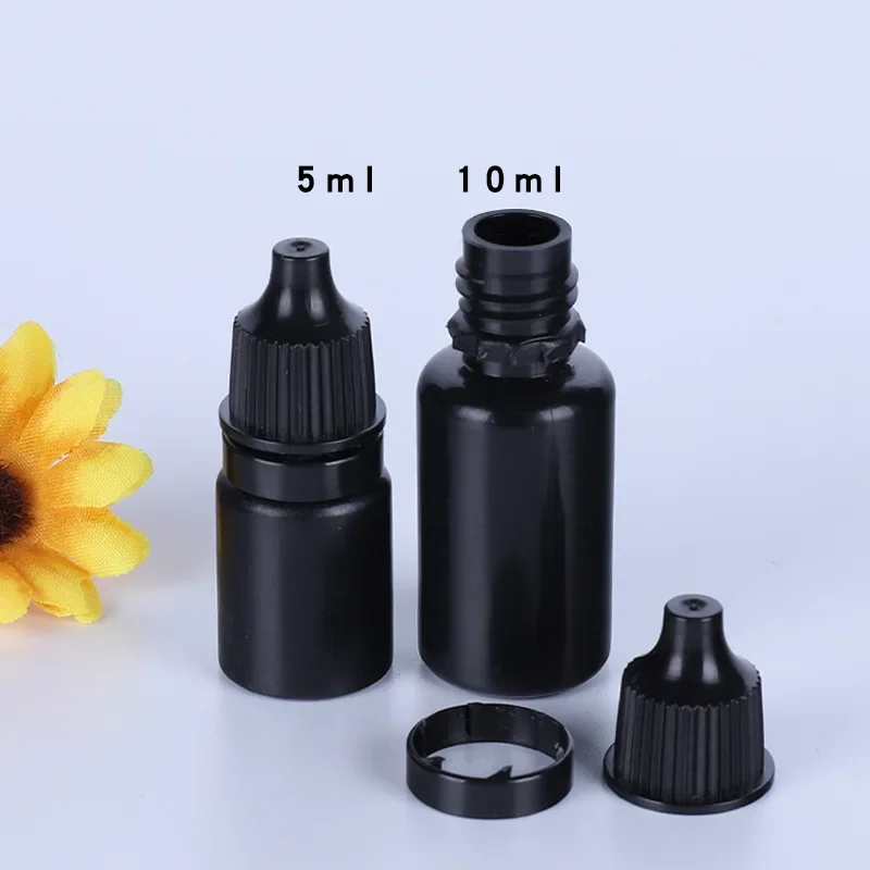 Gotero de plástico antiluz para ojos, botella negra con punta puntiaguda, dispensadora de líquido, tapas de robo rellenables vacías, 5ml, 10ml