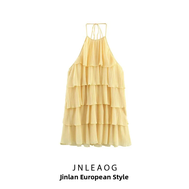 Vestido F de Design Moderno Primavera JNLEAOG com Gola Suspensa e Decoração em Camadas, Versão H em Fibra de Poliéster