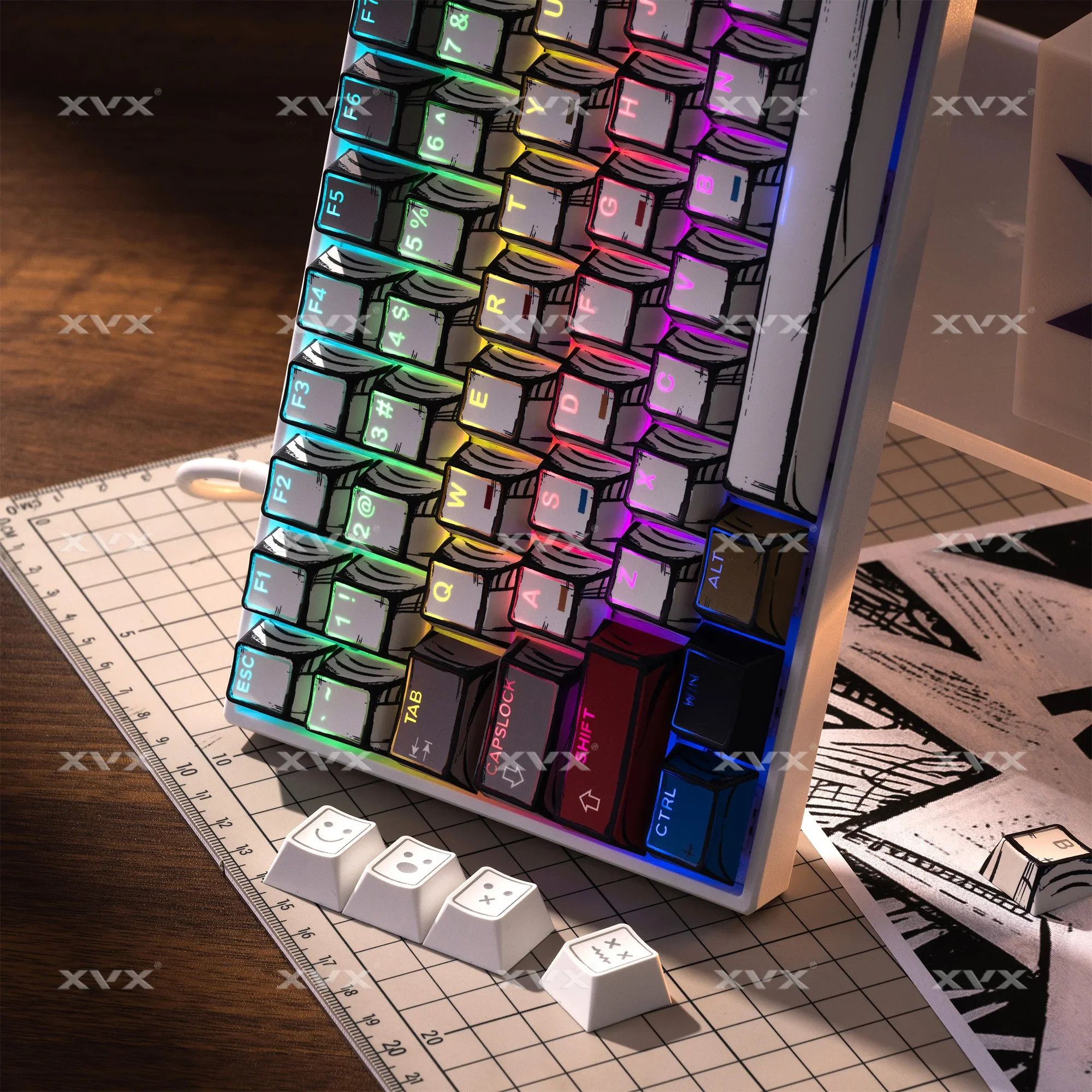 

Light ribbed keycap is engraved with five-sided hot sublimation rhombus light-transmitting characters Fog-transparent PBT origin