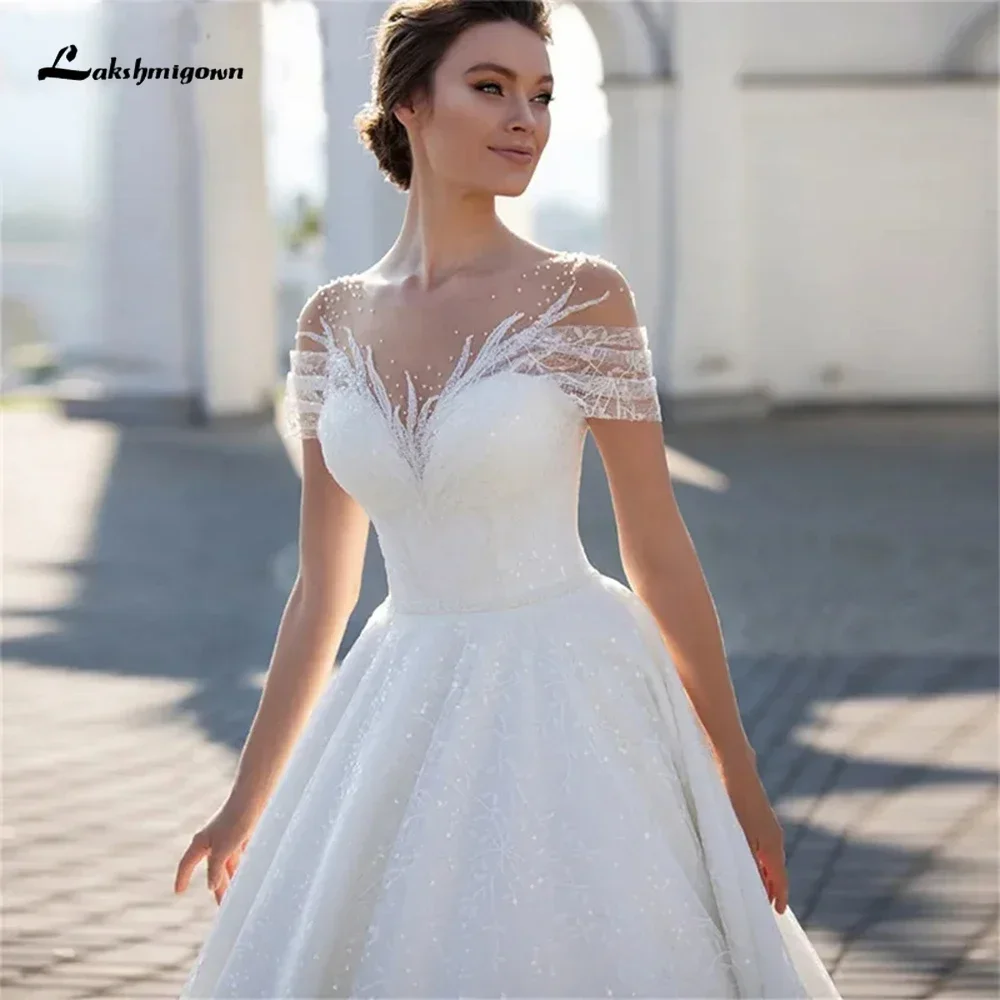 

2025 Shiny Off The Shoulder Wedding Dress For Bride Elegant Glitter Lace A-Line Bridal Gown Illusion Pleat Robe De Marié vestid