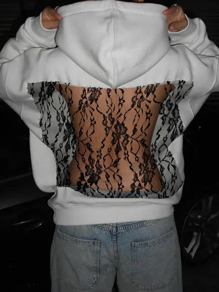 هوديس أنيق أنيق مفرغ، بلوزات بسيطة بأكمام طويلة للربيع والخريف للسيدات، بلوفرات فضفاضة مرقعة شبكية لعام 2025