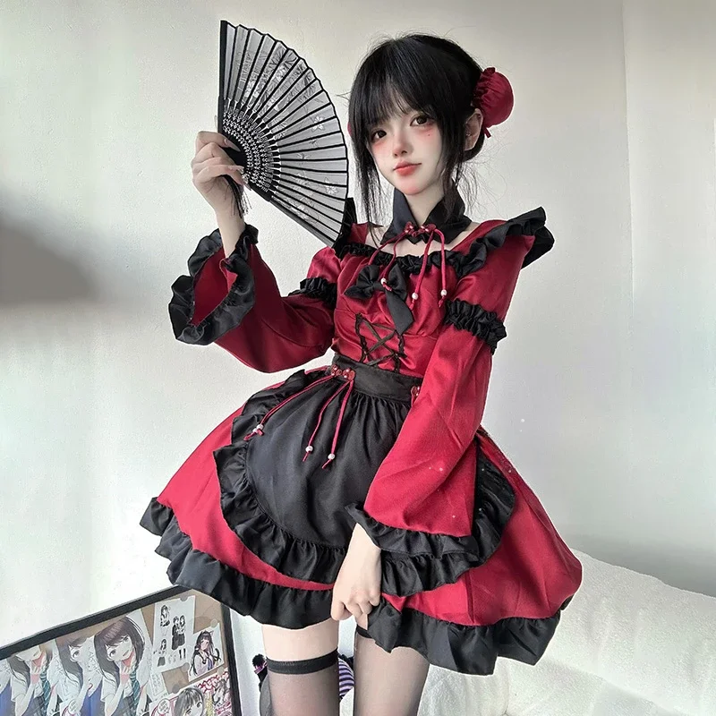 

Gothic Lolita Maid Uniform Women Halloween Animation Show Party Waitress Role Play Chinese Cheongsam Anime Dark Witch Dress 2024