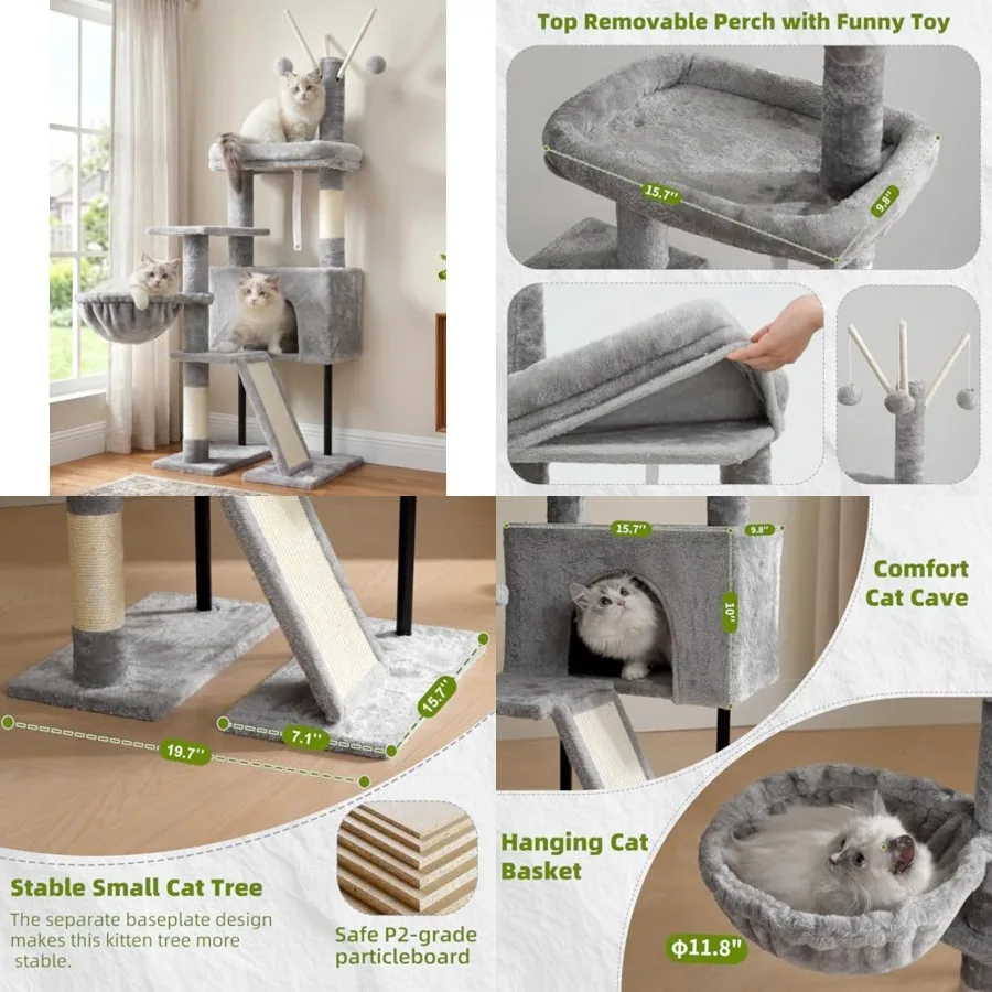

Cat Tree for Indoor Cats, Cat Tower with Scratching Post for Small Cats and Kittens, Cat House with Removable Top Platform and