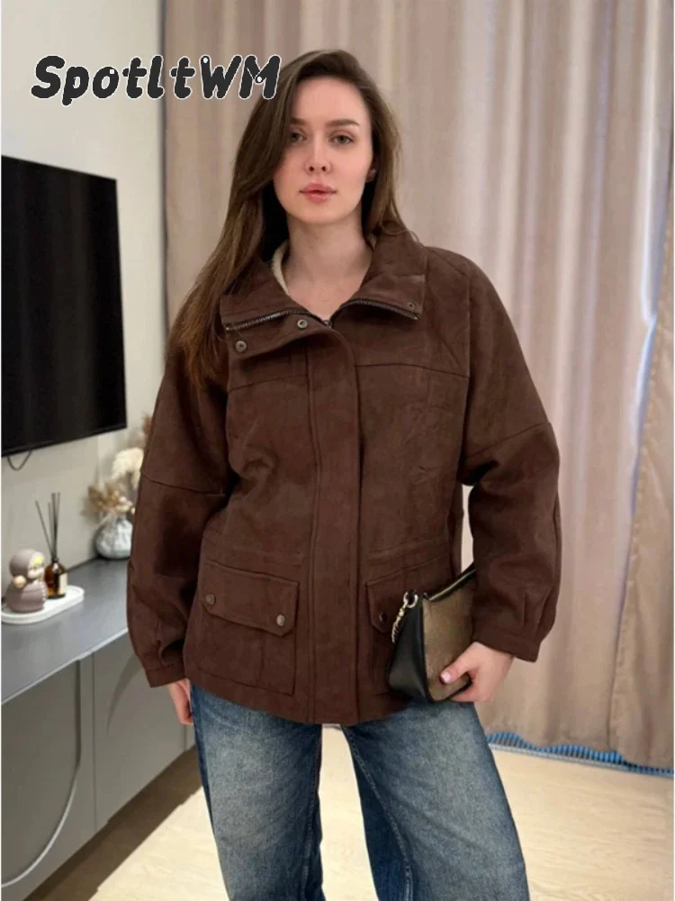 Women Faux Suede Jacket Stand Collar Zip Snap Button Loose Long Sleeve Multi‑pocket Casual Cargo Coat Vintage Autumn Outerwear