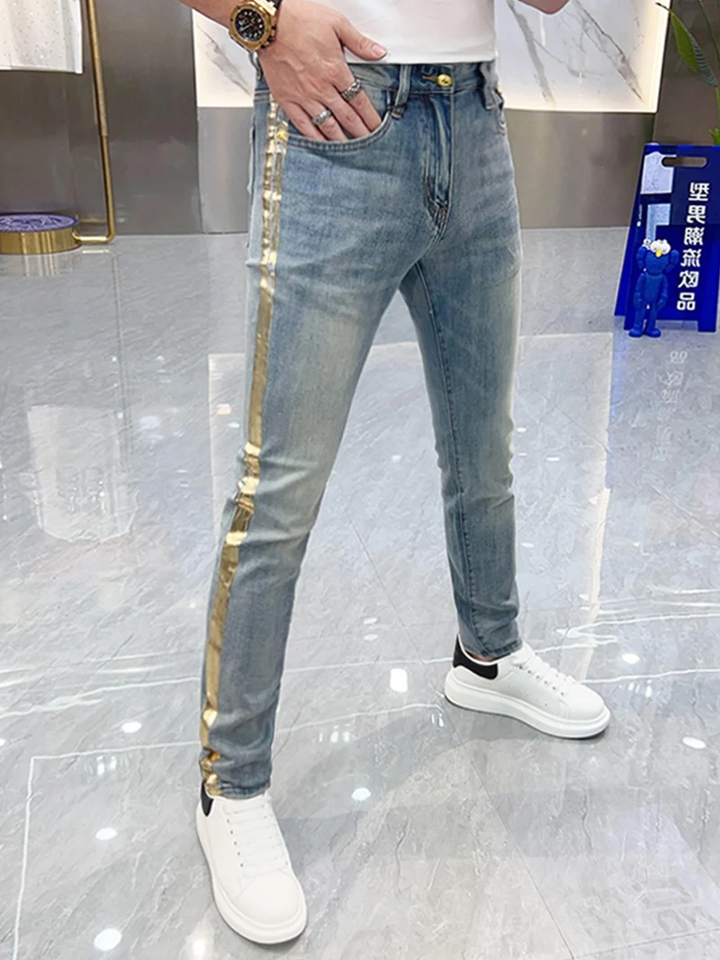 

Summer Side Printed Slim Fit Jeans Men's Fashionable Versatile Thin Casual Small Foot Pants Youth Trendy Long Pants