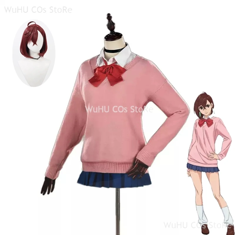 

Momo Ayase Cosplay Costume Wig Anime Dandadan Pink Top Blue Skirt School Uniform Earrings Props Halloween Party for Women