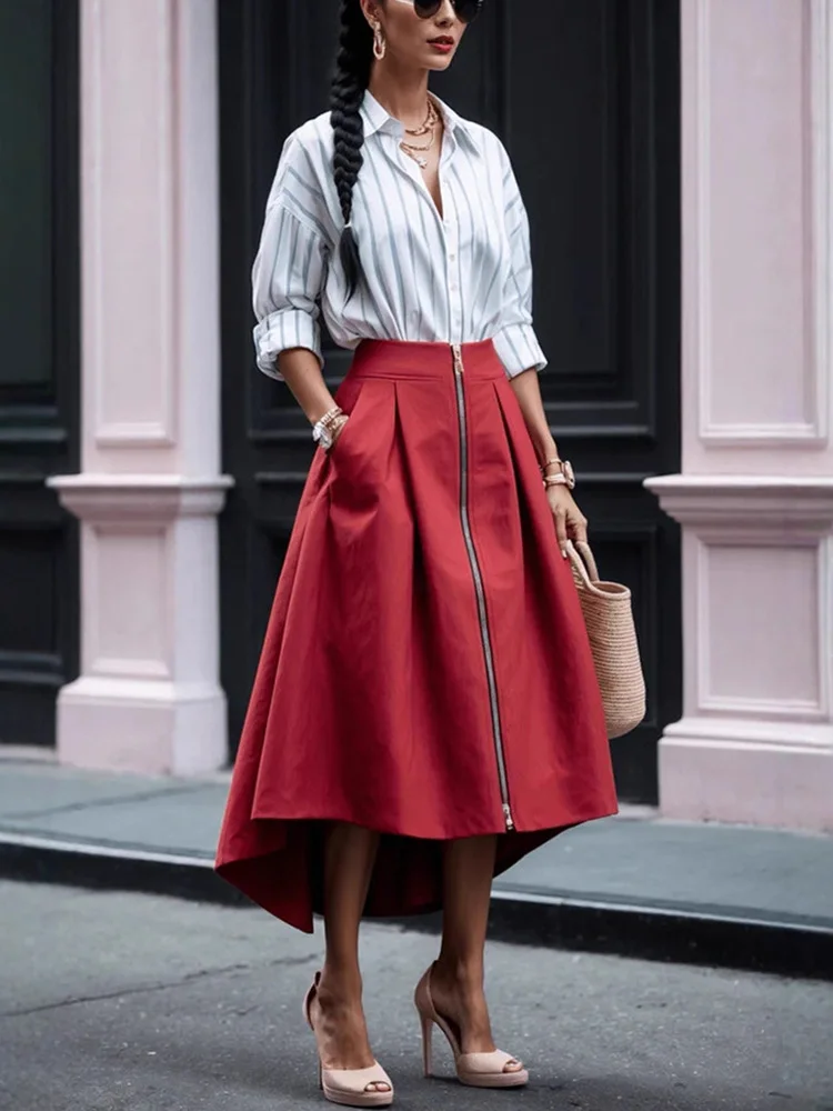 

Модные однотонные юбки с карманами и высокой талией, летние свободные вечерние платья на молнии для отдыха, элегантные женские плиссированные полуюбки