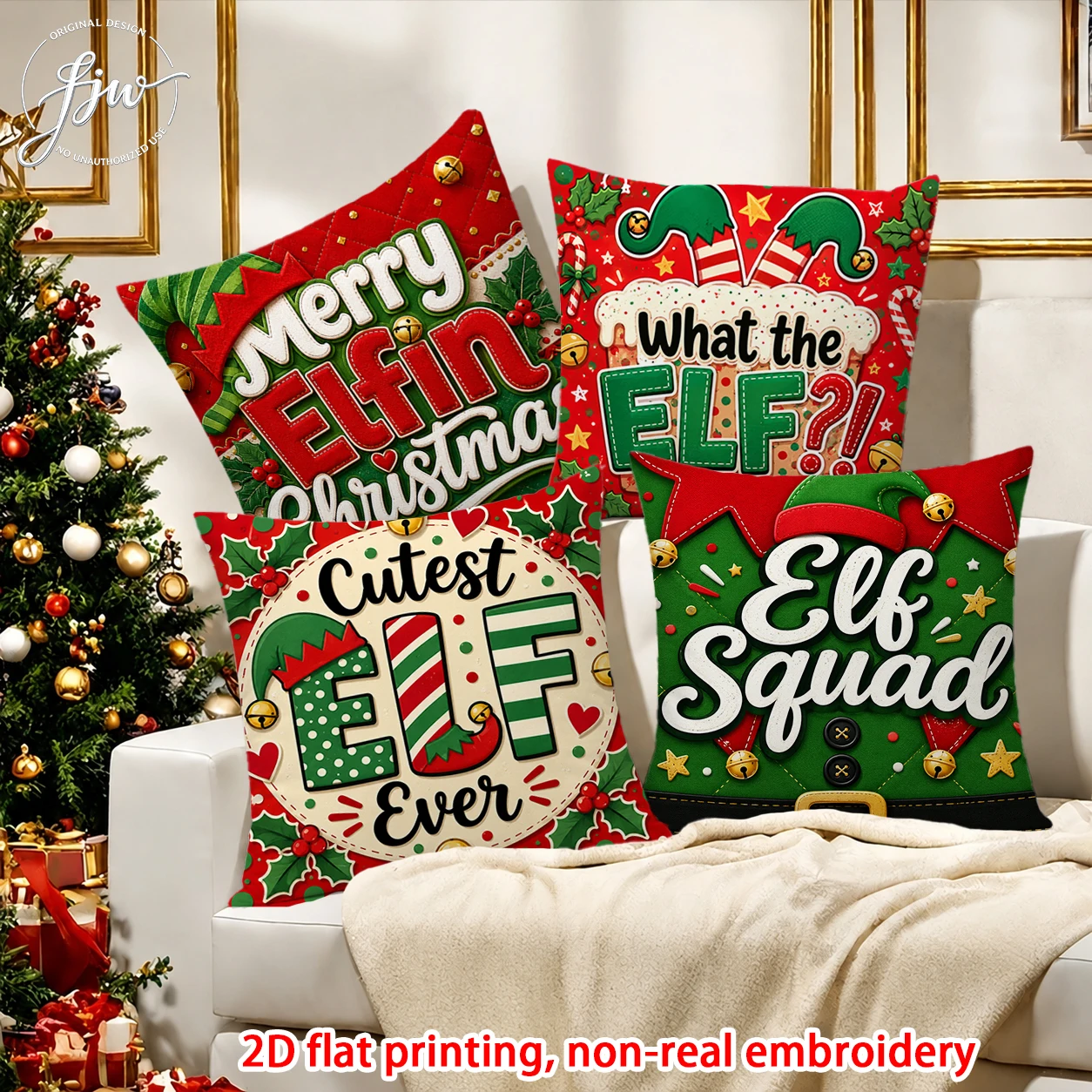 4pcs Christmas Throw Pillow Covers Cute Xmas Elf Santa Reindeer Cushion Cases for Home Sofa Couch Holiday Decor