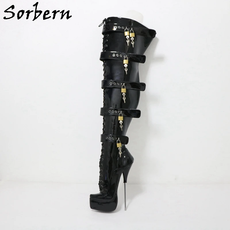 Sorbern Lockable Straps Ballet Boots Crotch High 8 Inch Metal Heeled Platform Long Boot Lace Up Fetish Drag Queen Shoe Custom