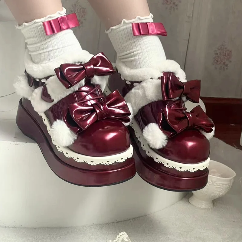 Lolita Women's Thickened Warm Snow Boots Japanese Original Round Toe Sweet Cute Bowknot Fleece Lined Thick Sole Shoes