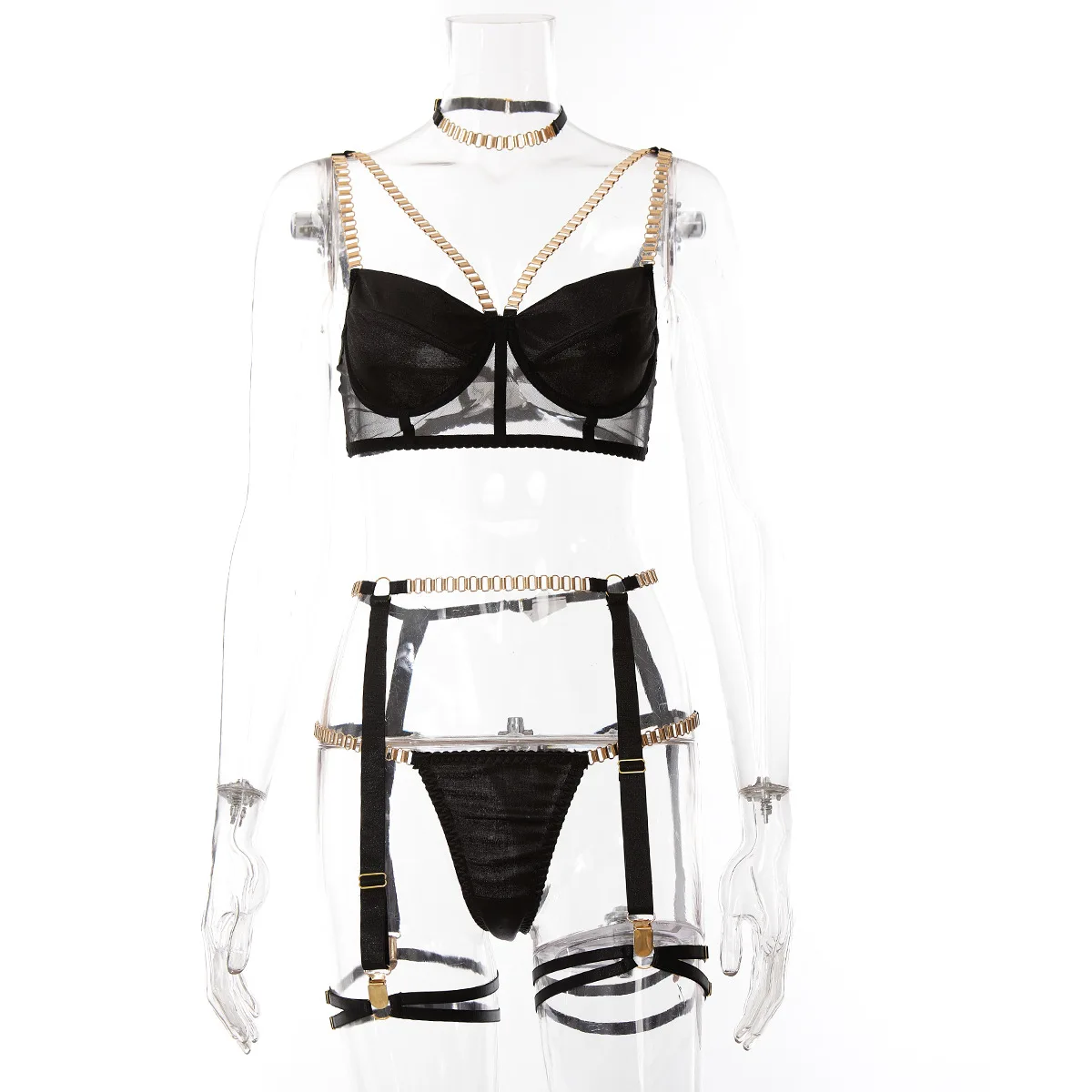 Sexy underwear independent station cross-border manufacturer supply metal chain fun three-piece set