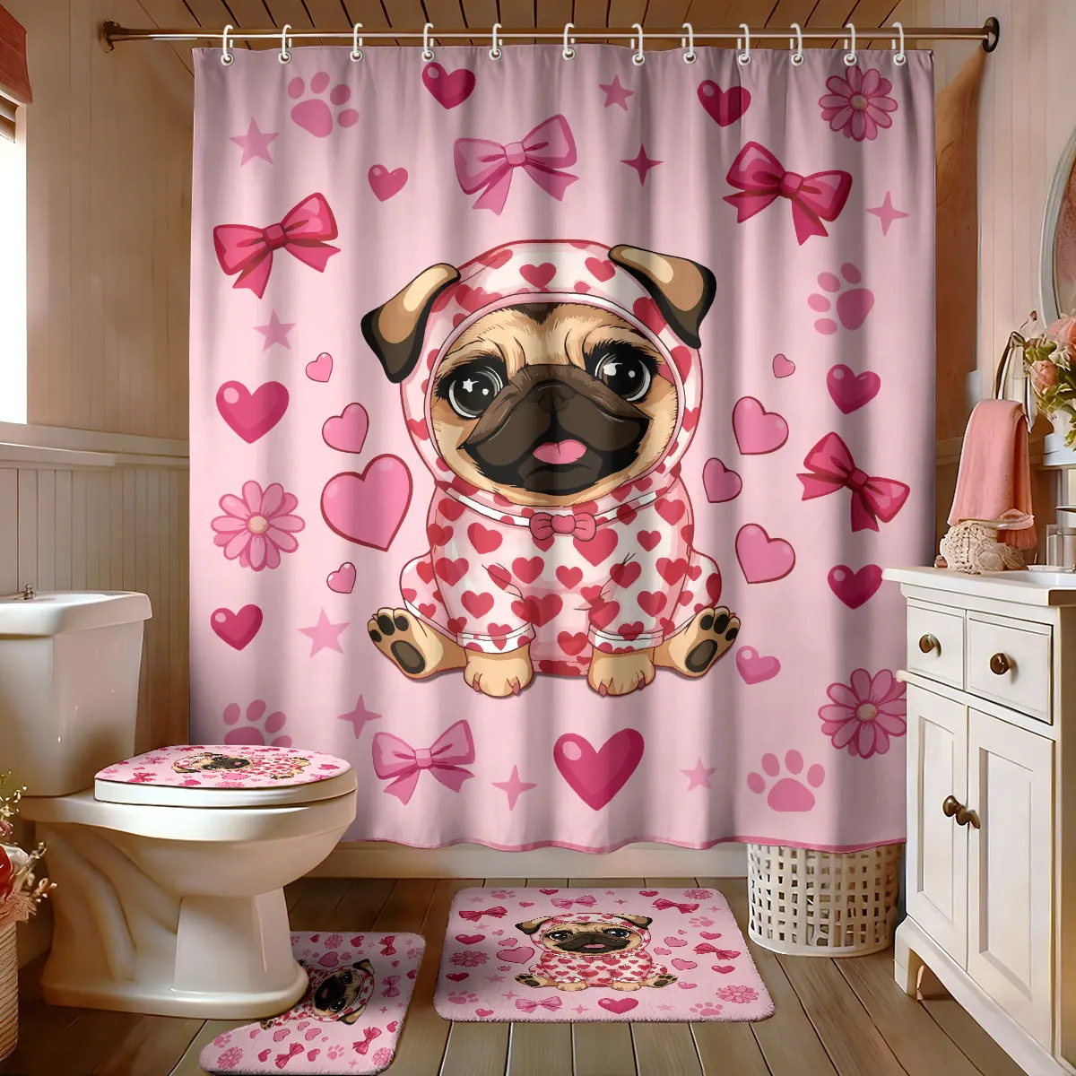 

4pcs Valentine's Day Romantic Print Bathroom Pink Love Haba Dog Print Bathroom Set Shower Curtain Floor Mat U-shaped Toilet Mat