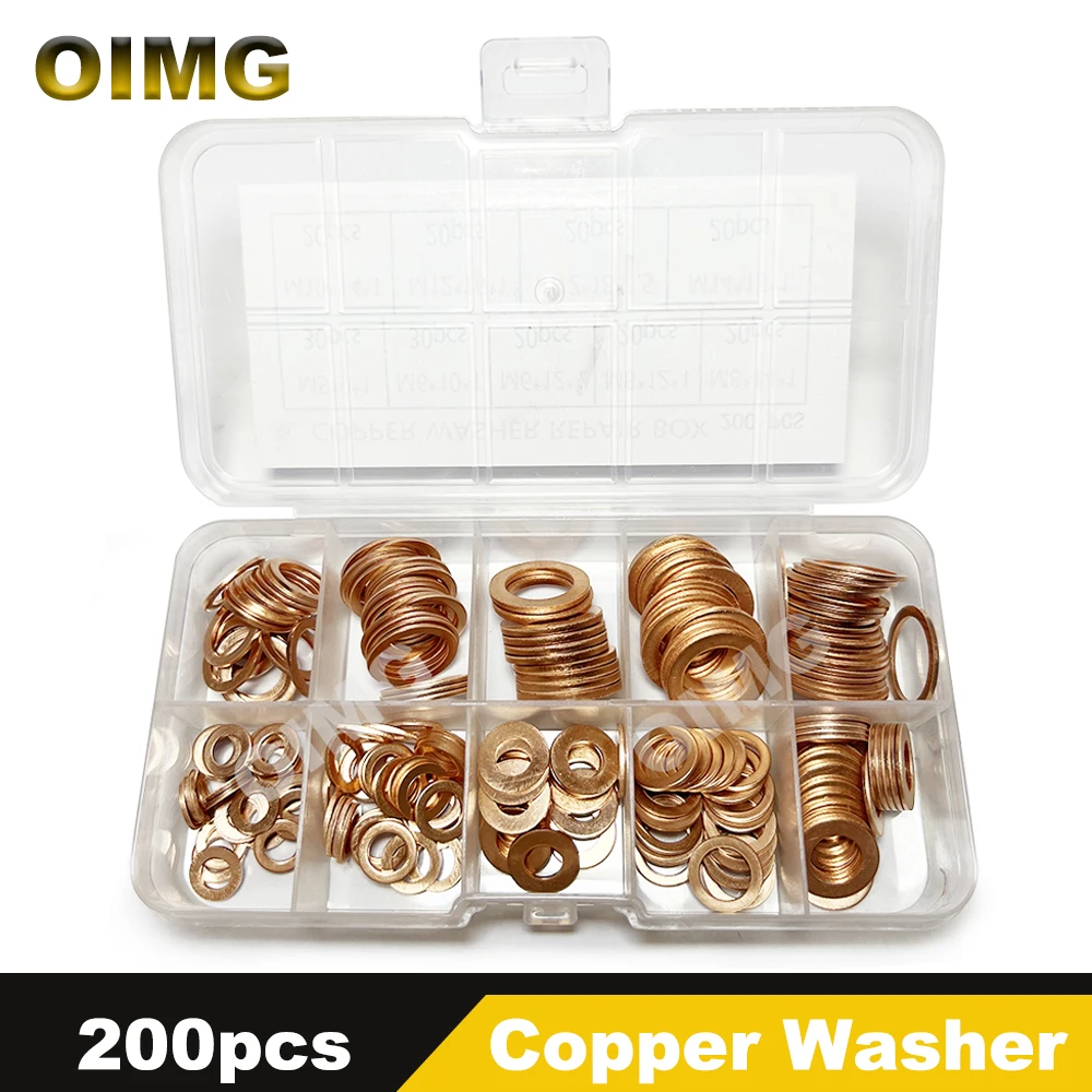 200/100Pcs Copper Flat Washer Set O Ring Copper Sealing Gasket for Sump Plug Boat Crush Flat Seal Ring Fastener Hardware Tool