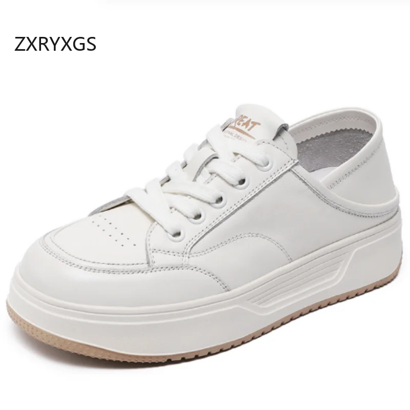 

ZXRYXGS 2025 Premium Full Genuine Leather Sneakers Single Shoes Women Temperament Travel Shoes Platform Elevator Snealers White