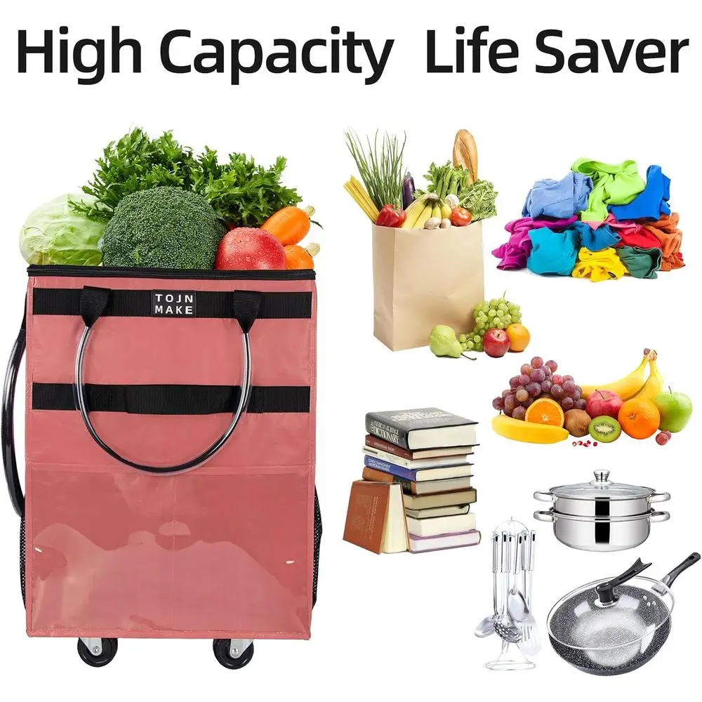 حقيبة تسوق بعجلات قابلة لإعادة الاستخدام مع 8 جيوب، بسحاب، تحمل 46 رطلًا، قابلة للطي، شديدة التحمل، لون وردي متوسط