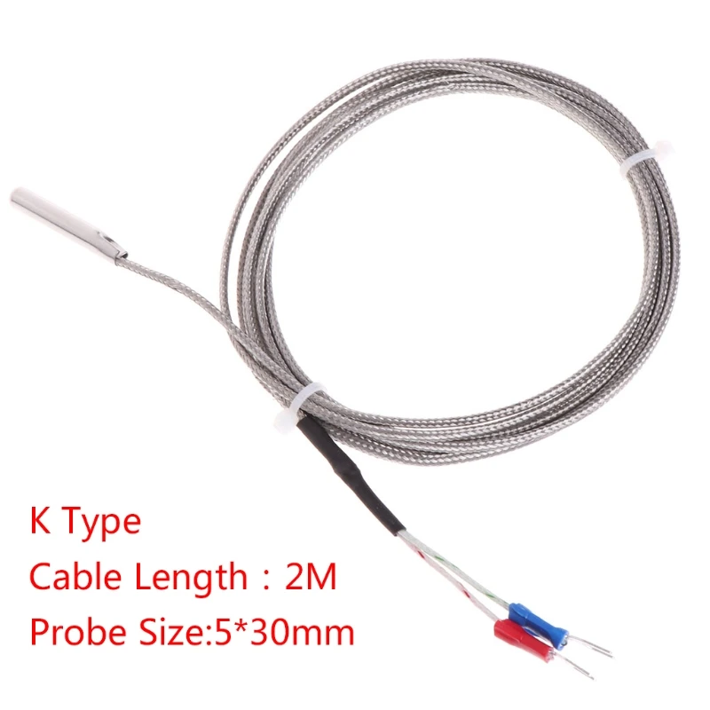 A2UD 2m K-Type Thermocouple Temperature 0-600℃ 5*30mm Probe Stainless Steel