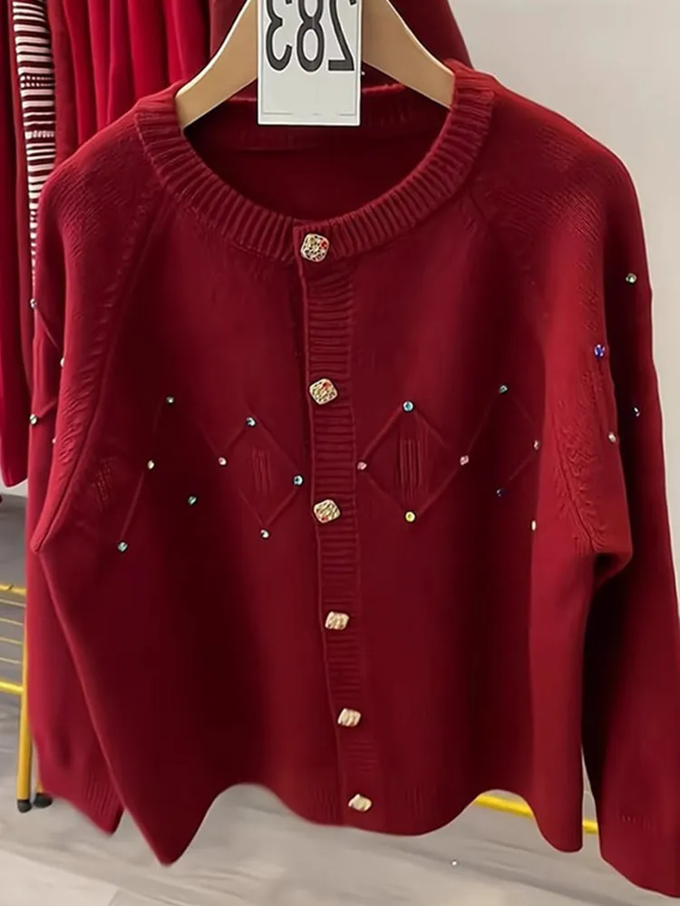 

Красный вязаный свитер Camere Long Sve round Ne Diamond Embellied, повседневный зимний топ, новогодний модный сезон...