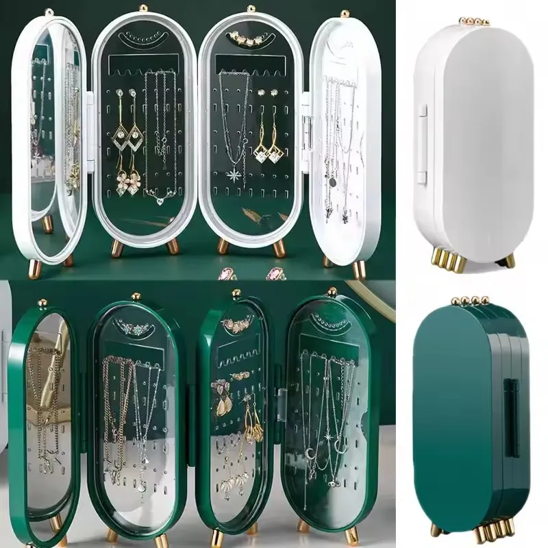 

Складной органайзер для хранения ювелирных изделий с зеркалом, пластиковый контейнер для хранения для женщин, серьги, ожерелье, кольцо, настольная стойка для хранения