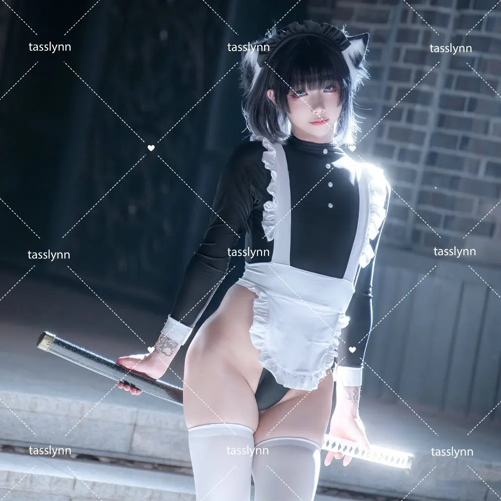 Woman Dark Style High-Slit Maid Dress Set Lingeries Costume Outfit with Headdress Stockings Combat Maid Costume Anime Cosplay