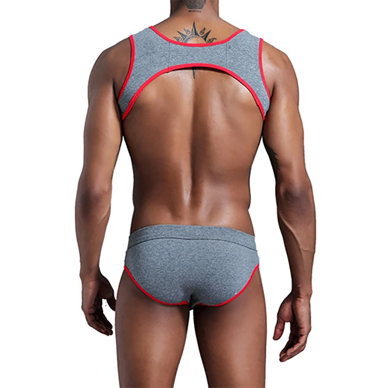 Men Undershirts Sets Sexy Chest Muscle Harness Tops Briefs Sport Fitness Running Gym Suits Quick Dry Swim Sportswear Plus Size