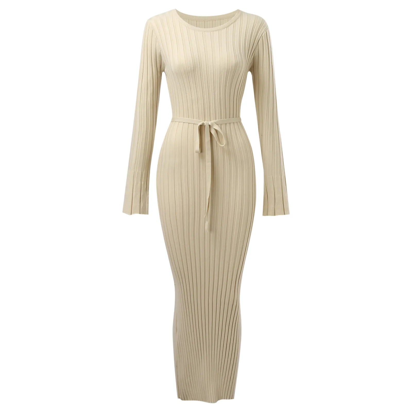 Knitted White Striped Long Sleeve Maxi Dresses O-Neck High Waist Slim Fit Dress Women 2024 Autumn Winter Ankle-Length Robe Femme