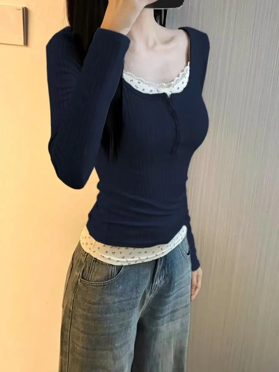 Women's Slim Fit Long Sleeve T-Shirt Inner Wear Base Layer Shirt Floral Patchwork Waist Cinched Shoulder Width Regular Pure D...