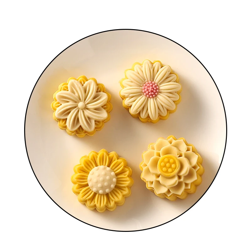 Bloemen Maan Cake Mold Set, 1 Mal En 4 Stempels, Diy Hand Press Mung Bean Cake,Mid Autumn Festival Gebak Mallen, Koekjes Snijden