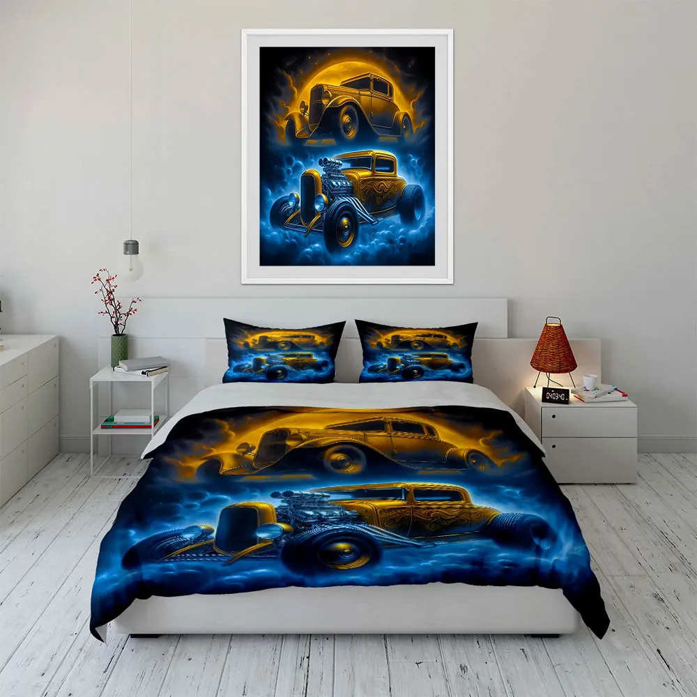 Retro Cars with Stunning Light Effects Print Soft Comfortable Duvet Cover Bedding Set Included 1*Duvet Cover  2*Pillowcases