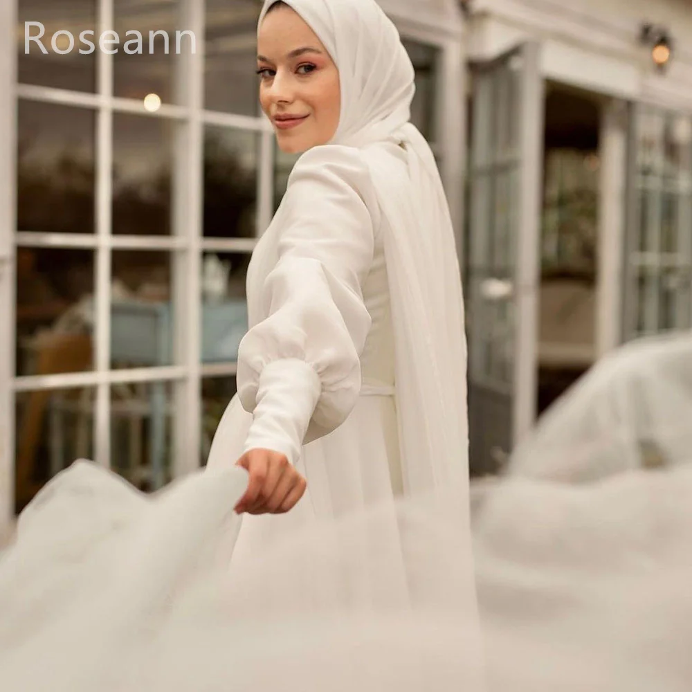 Abiti da sposa musulmani con collo alto bottone in raso pieghettato drappeggiato nuovo Design abito da sposa lunghezza del pavimento spazzola treno robe de mariée